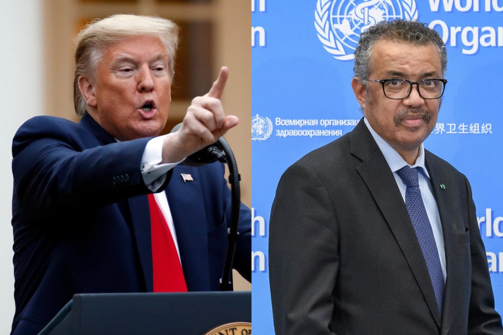 President Trump at the daily coronavirus briefing on Tuesday, when he declared his intent to halt funding to the World Health Organization, and Tedros Adhanom Ghebreyesus, director-general of WHO. Alex Brandon/AP; Fabrice Coffrini/AFP via Getty Images