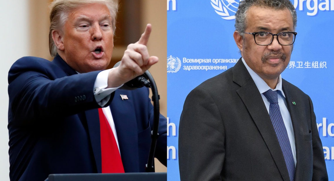 President Trump at the daily coronavirus briefing on Tuesday, when he declared his intent to halt funding to the World Health Organization, and Tedros Adhanom Ghebreyesus, director-general of WHO. Alex Brandon/AP; Fabrice Coffrini/AFP via Getty Images