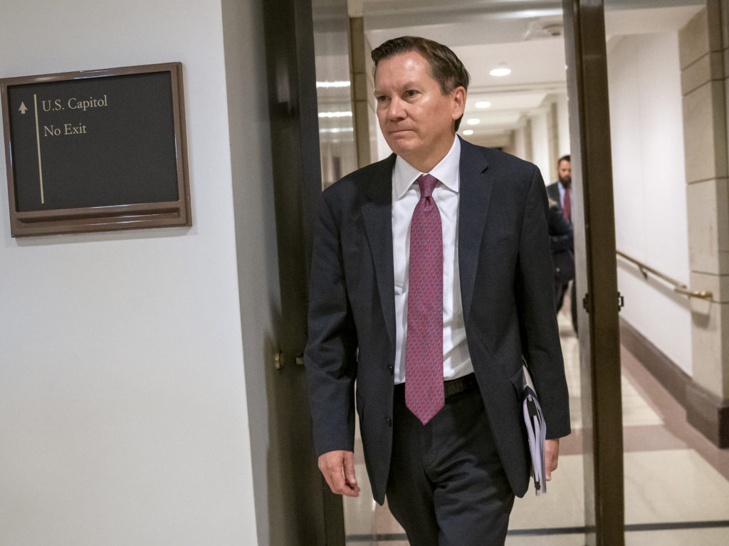 Michael Atkinson arrives at the Capitol last October where he was questioned about the whistleblower complaint that exposed a controversial July phone call the president had with Ukrainian President Volodymyr Zelenskiy. CREDIT: J. Scott Applewhite/AP