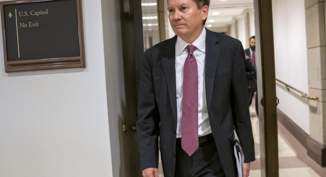 Michael Atkinson arrives at the Capitol last October where he was questioned about the whistleblower complaint that exposed a controversial July phone call the president had with Ukrainian President Volodymyr Zelenskiy. CREDIT: J. Scott Applewhite/AP