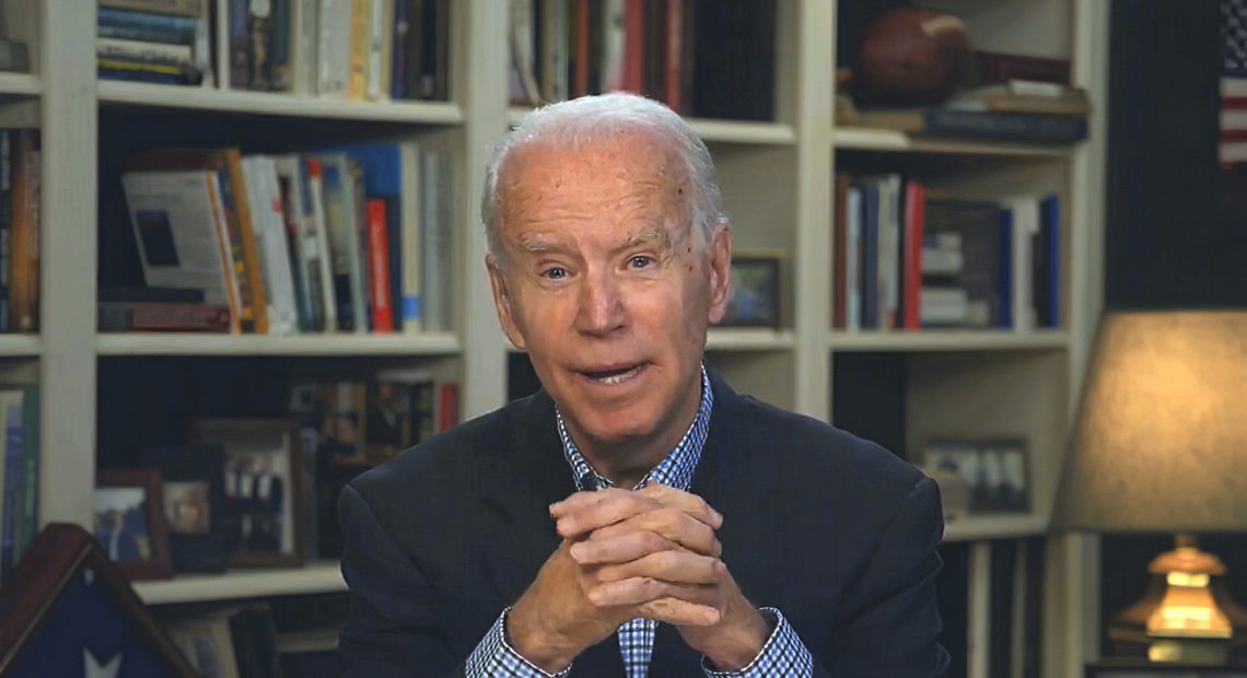 In this image from video provided by the Biden for President campaign, former Vice President Joe Biden speaks during a virtual press briefing Wednesday. AP