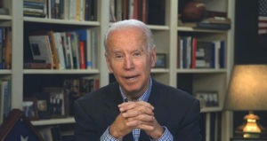 In this image from video provided by the Biden for President campaign, former Vice President Joe Biden speaks during a virtual press briefing Wednesday. AP