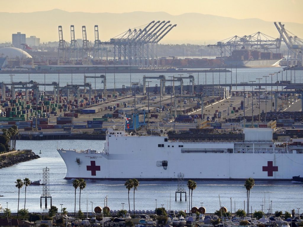 Prosecutors say the USNS Mercy, seen last week entering the Port of Los Angeles, was the target of a train engineer's unsuccessful attack on Tuesday. The derailed train slid to a halt more than 250 yards from the hospital ship. The Mercy was unharmed, and no one was injured. CREDIT: Mark J. Terrill/AP