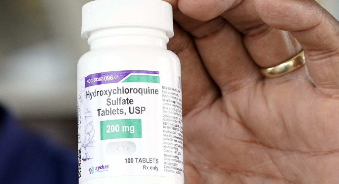 A bottle of hydroxychloroquine is seen outside a nursing home in Texas City, Texas, this month. CREDIT: David J. Phillip/AP