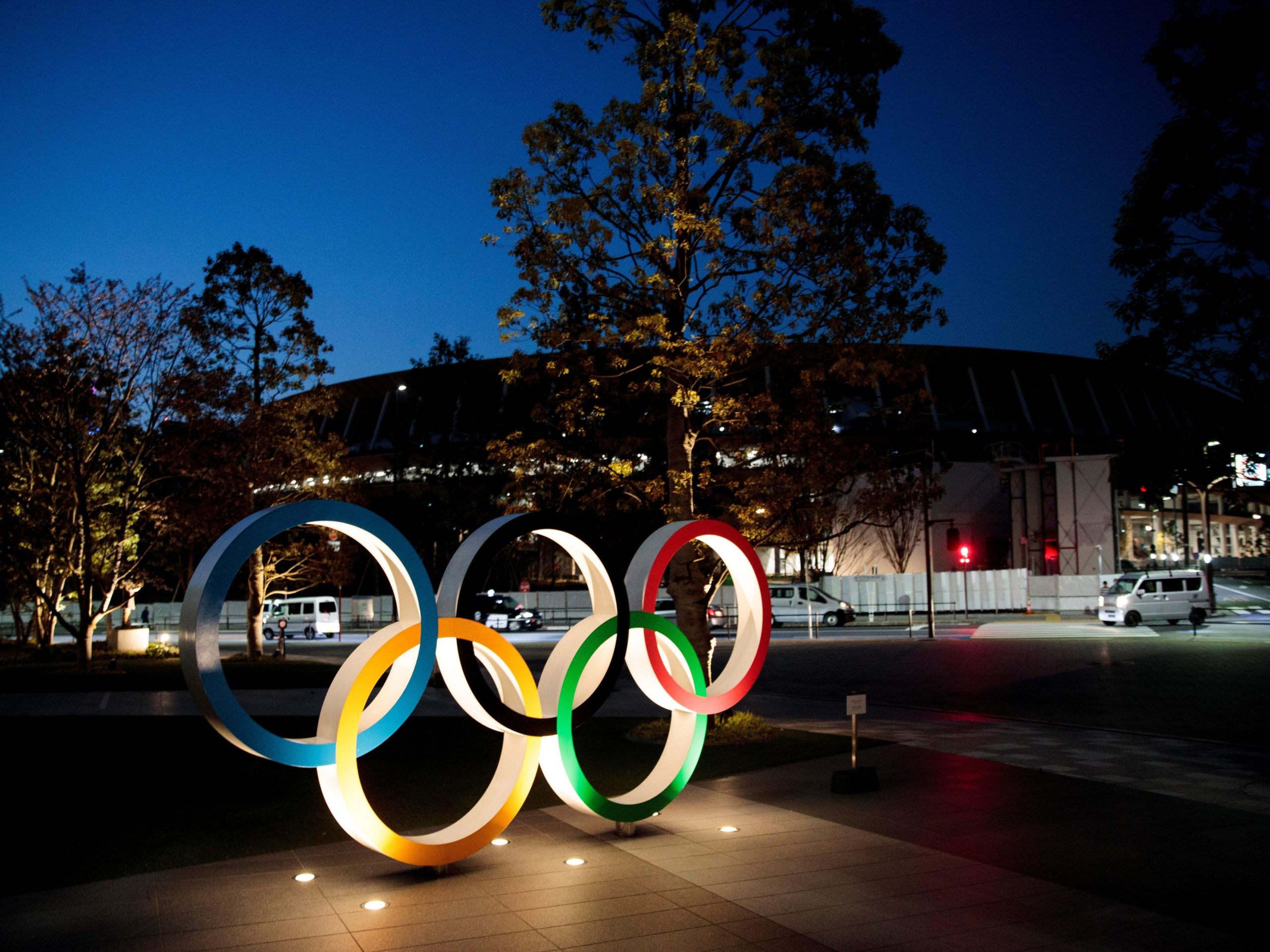 The Olympic rings displayed outside the National Stadium