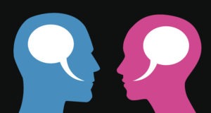 Two profiles of a man and woman with speech bubbles inside their heads.
