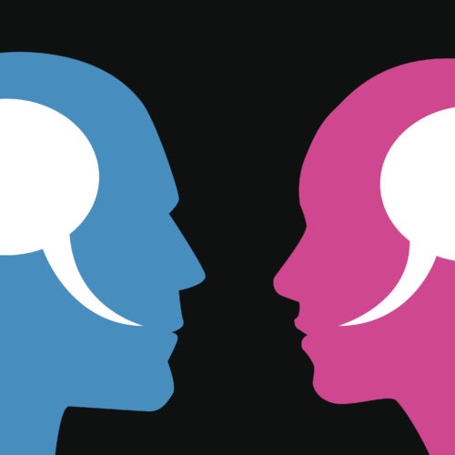 Two profiles of a man and woman with speech bubbles inside their heads.