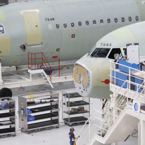 Employees work on Airbus SE A321 fuselages at the company's final assembly line facility in Mobile, Ala. in 2017. CREDIT: Bloomberg/Bloomberg via Getty Images