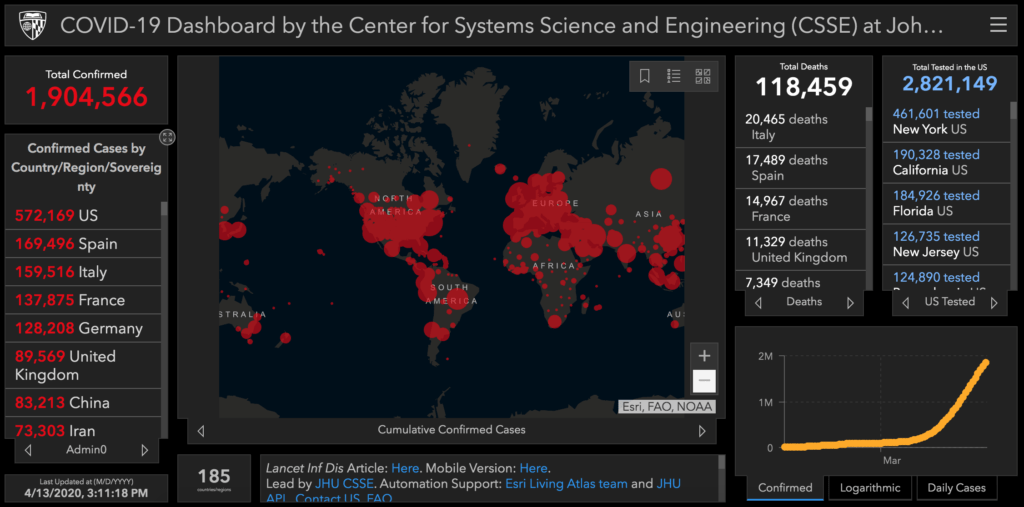 The interactive, web-based dashboard created by Johns Hopkins University in Baltimore, Md., as seen on Monday at 3:11 p.m. ET. Center for Systems Science and Engineering (CSSE) at Johns Hopkins University (JHU)