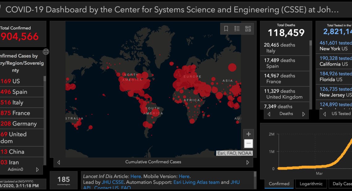 The interactive, web-based dashboard created by Johns Hopkins University in Baltimore, Md., as seen on Monday at 3:11 p.m. ET. Center for Systems Science and Engineering (CSSE) at Johns Hopkins University (JHU)