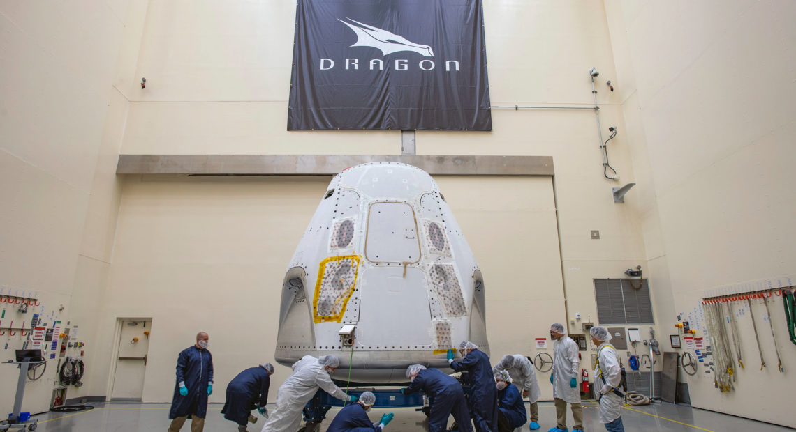 The SpaceX Crew Dragon spacecraft is prepared for its first crewed launch from American soil. It arrived at the launch site on Feb. 13.
