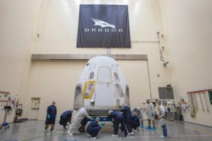 The SpaceX Crew Dragon spacecraft is prepared for its first crewed launch from American soil. It arrived at the launch site on Feb. 13.