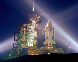 Space shuttle Columbia sits on the pad at Kennedy Space Center in 1981.