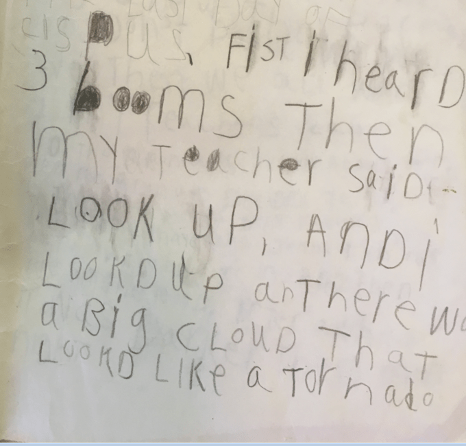 An excerpt from Austin Jenkins' first grade journal about the Mount St. Helens eruption on May 18, 1980. Courtesy of Austin Jenkins