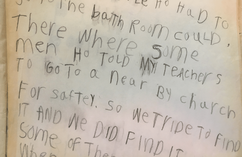 In his first grade journal, Austin Jenkins described reaching Randle, Washington after evacuating Camp Cispus and being directed to a local church to take shelter following the eruption of Mount St. Helens on May 18, 1980. Courtesy of Austin Jenkins