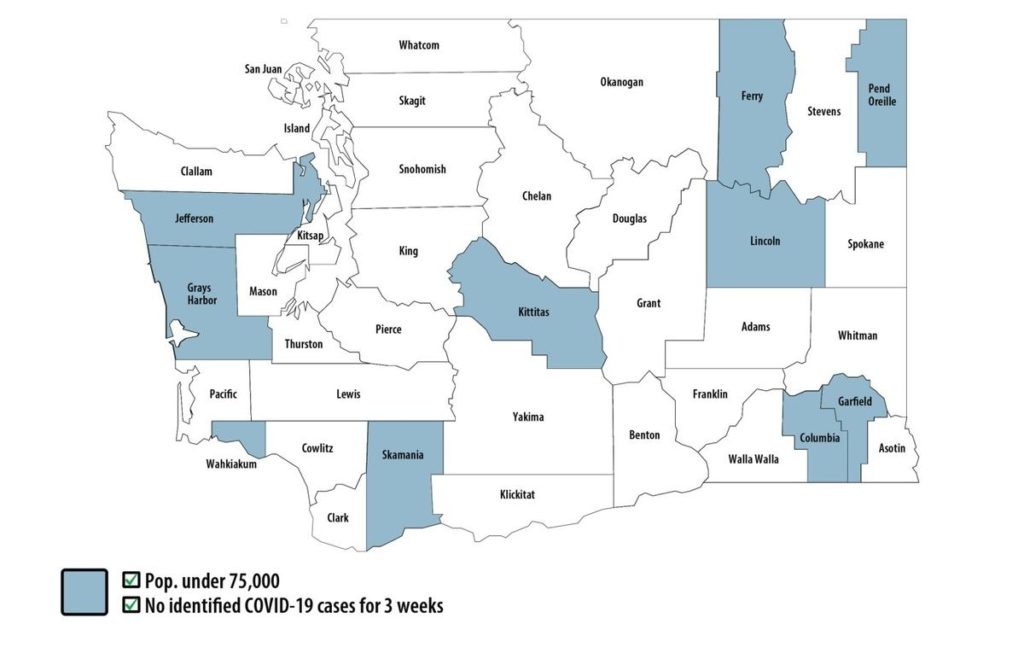 Map of the ten counties allowed to apply for early relaxation of COVID-19 restrictions. CREDIT: Office of Gov. Jay Inslee