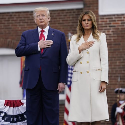President Donald Trump and first lady Melania Trump participate in a Memorial Day ceremony at Fort McHenry National Monument and Historic Shrine, Monday, May 25, 2020, in Baltimore. CREDIT: Evan Vucci/AP
