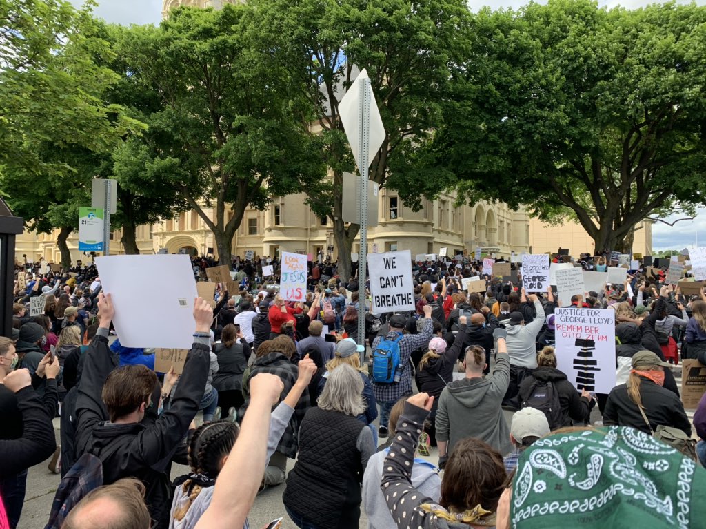 Protesters gather at the Spokane County Courthouse Sunday, May 31, 2020 as part of nationwide demonstrations in cities against police killings. The Spokane event started in the city's downtown Riverfront Park, with several thousand people marching peacefully in streets across the city's Monroe Street Bridge to the courthouse. CREDIT: Nick Deshais/N3