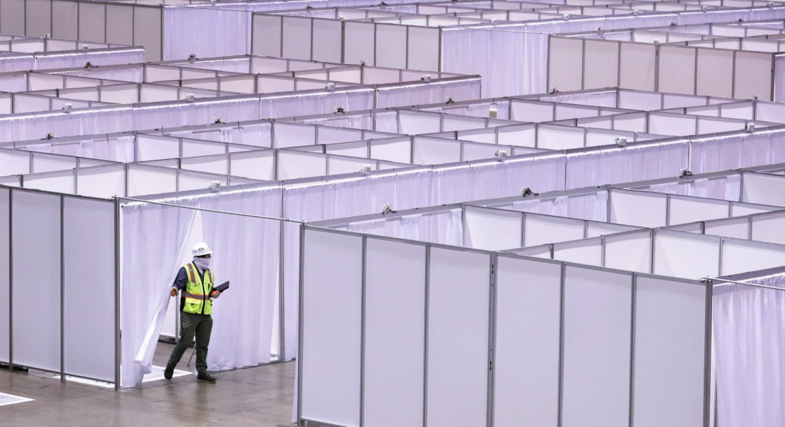 Construction at the COVID-19 field hospital at McCormick Place in Chicago on April 10