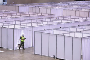 Construction at the COVID-19 field hospital at McCormick Place in Chicago on April 10