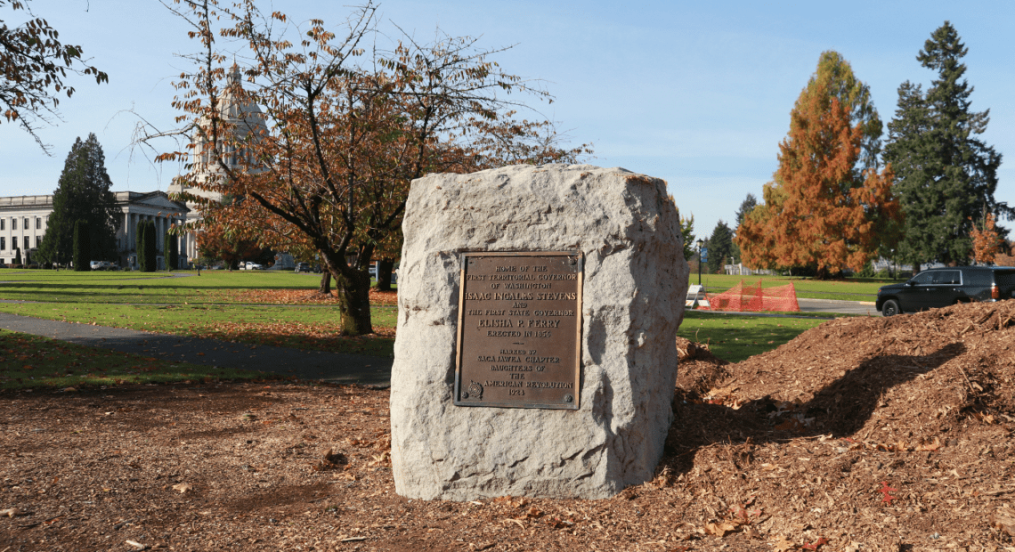 This bronze plaque commemorating the location of the home of Washington's first territorial and state governors was stolen from the Capitol Campus earlier this month. Now the Washington State Patrol is seeking tips from the public.