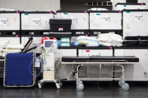 Medical supplies are viewed inside the Javits Center in March in New York City