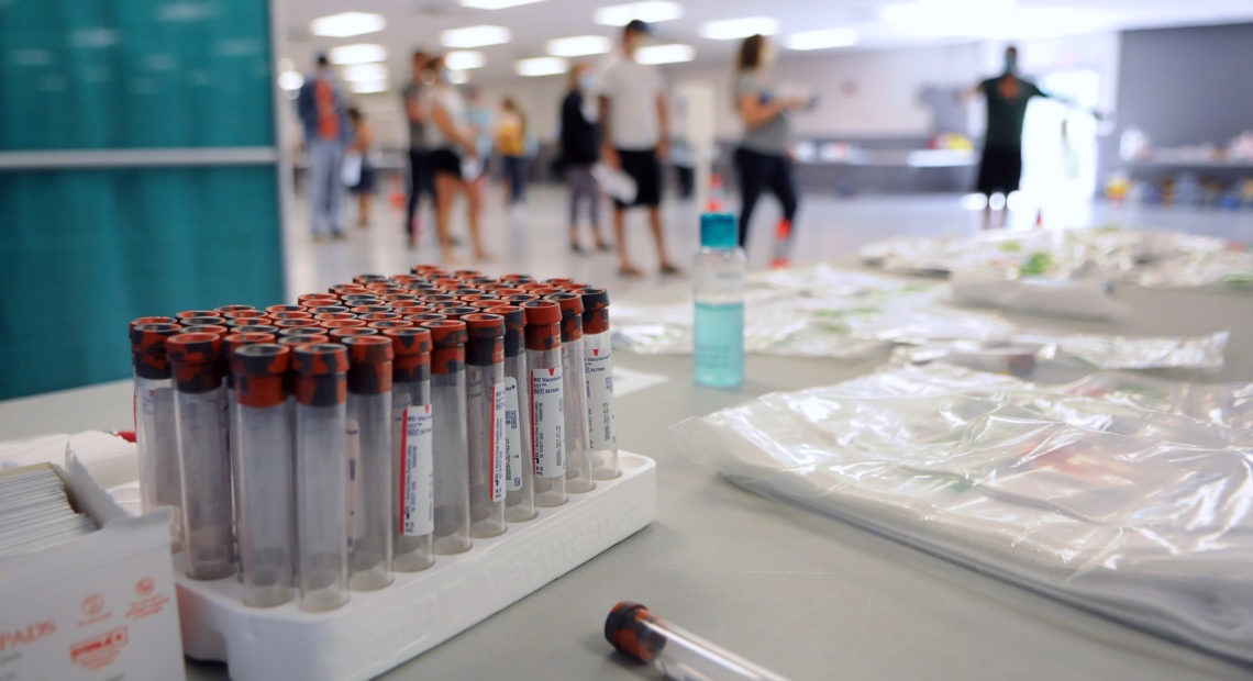 Blood collection tubes sit in a rack on the first day of a free COVID-19 antibody testing event at the Volusia County Fairgrounds in DeLand, Fla., on May 4.