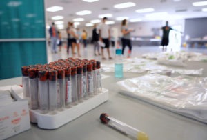 Blood collection tubes sit in a rack on the first day of a free COVID-19 antibody testing event at the Volusia County Fairgrounds in DeLand, Fla., on May 4. 