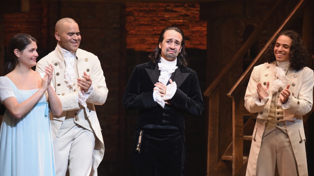 Left to right: Phillipa Soo, Christopher Jackson, Lin-Manuel Miranda and Anthony Ramos attend Lin-Manuel Miranda's final performance of Hamilton on Broadway on July 9, 2016. CREDIT: Nicholas Hunt/Getty Images