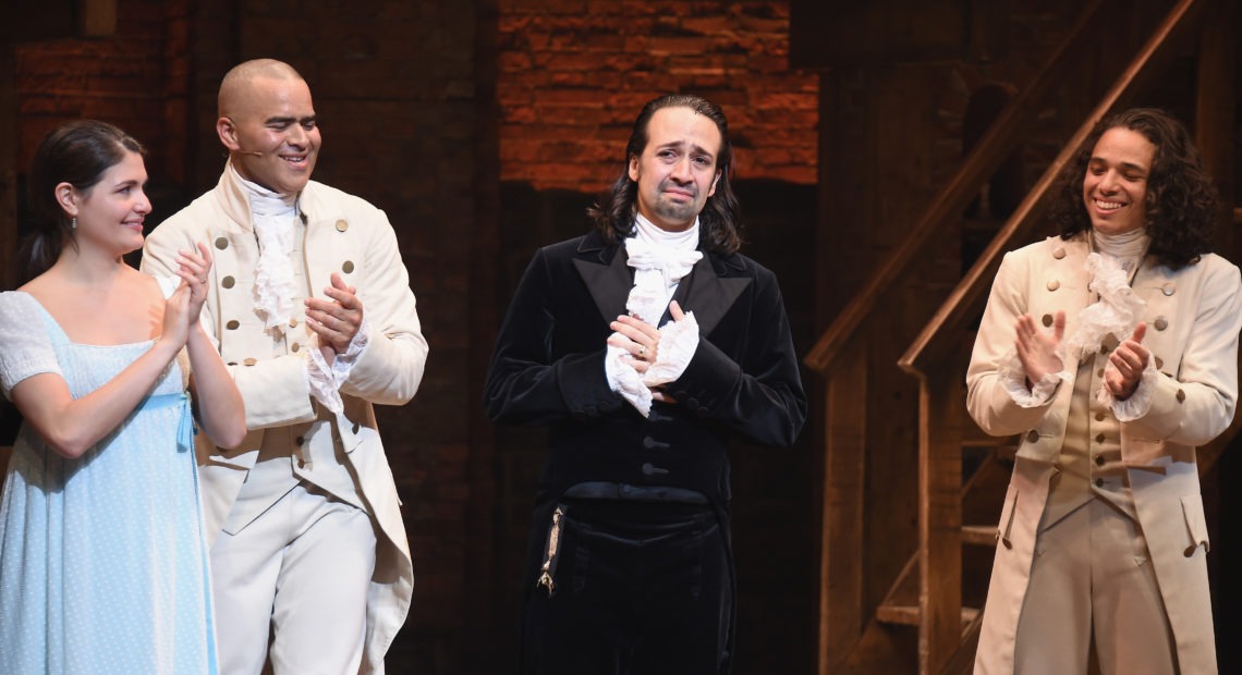 Left to right: Phillipa Soo, Christopher Jackson, Lin-Manuel Miranda and Anthony Ramos attend Lin-Manuel Miranda's final performance of Hamilton on Broadway on July 9, 2016. CREDIT: Nicholas Hunt/Getty Images