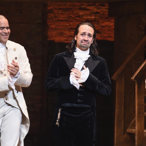 Left to right: Phillipa Soo, Christopher Jackson, Lin-Manuel Miranda and Anthony Ramos attend Lin-Manuel Miranda's final performance of Hamilton on Broadway on July 9, 2016. CREDIT: Nicholas Hunt/Getty Images