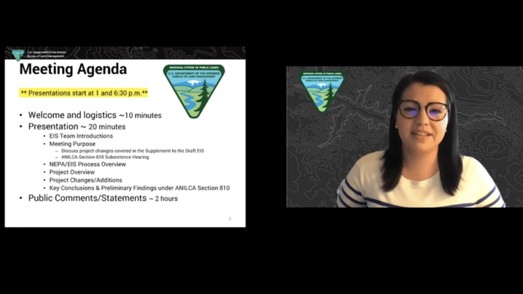 Because of the pandemic, the Bureau of Land Management held virtual public hearings in April on a proposal to expand oil drilling in Alaska's North Slope. U.S. Department of the Interior / screenshot by NPR