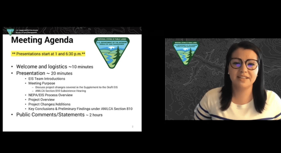 Because of the pandemic, the Bureau of Land Management held virtual public hearings in April on a proposal to expand oil drilling in Alaska's North Slope. U.S. Department of the Interior / screenshot by NPR