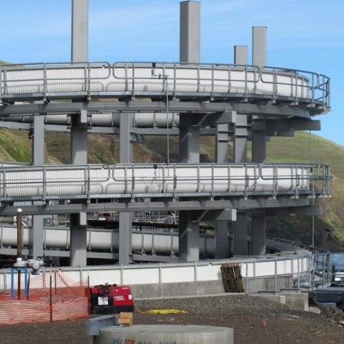 An elevated fish ladder designed to help migrating fish swim through the Lower Granite Dam on the Snake River near Almota, Wash.