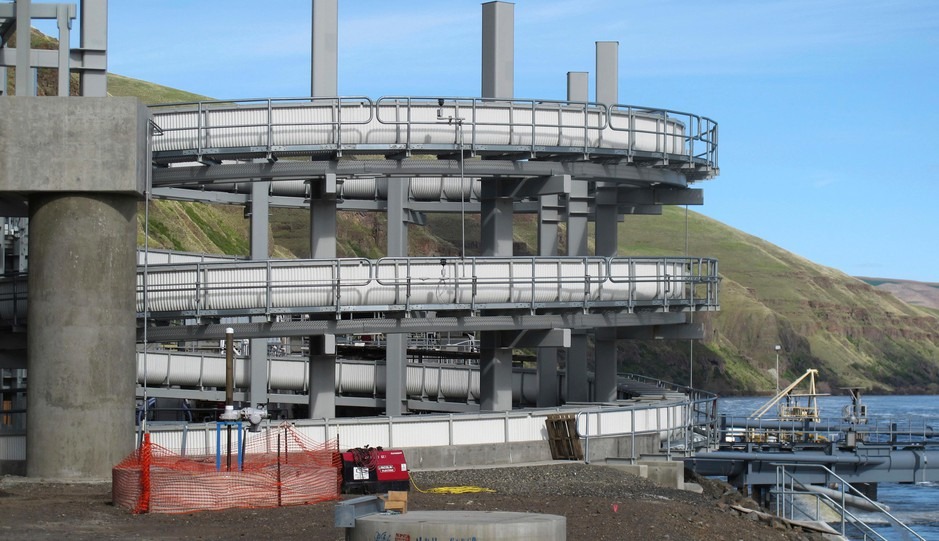 An elevated fish ladder designed to help migrating fish swim through the Lower Granite Dam on the Snake River near Almota, Wash.