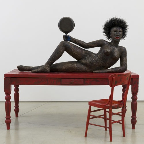 "She's challenging you to sit down in that chair," Los Angeles artist Alison Saar says of her 2019 sculpture, Set to Simmer. CREDIT: Jeff McLane/L.A. Louver