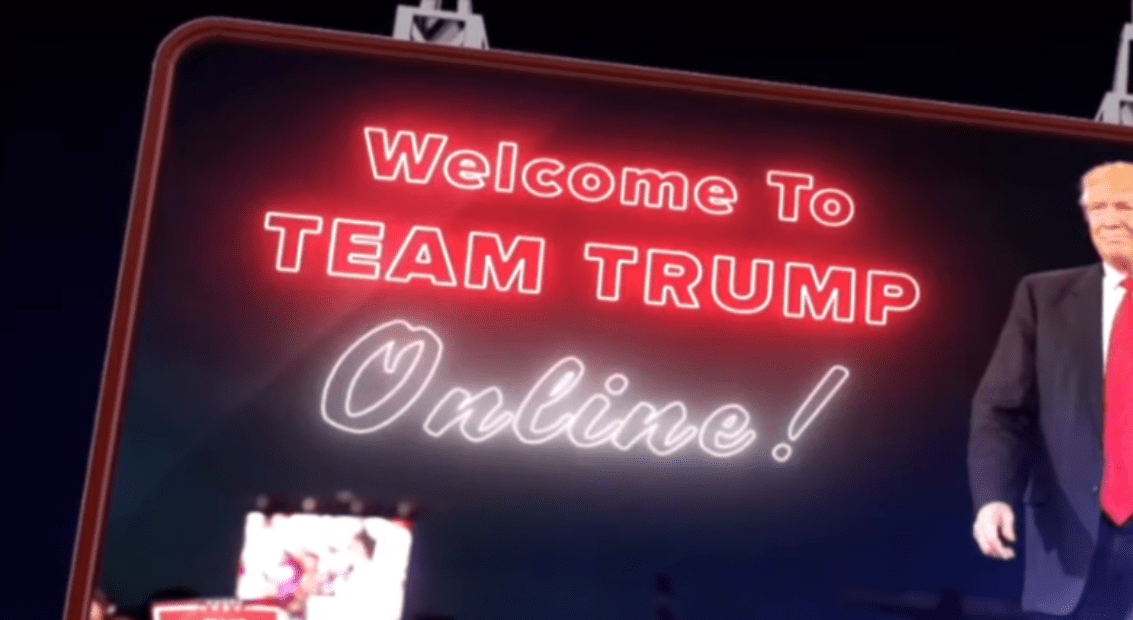 A screen capture shows the introduction to a Trump campaign nightly webcast.