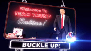 A screen capture shows the introduction to a Trump campaign nightly webcast. 