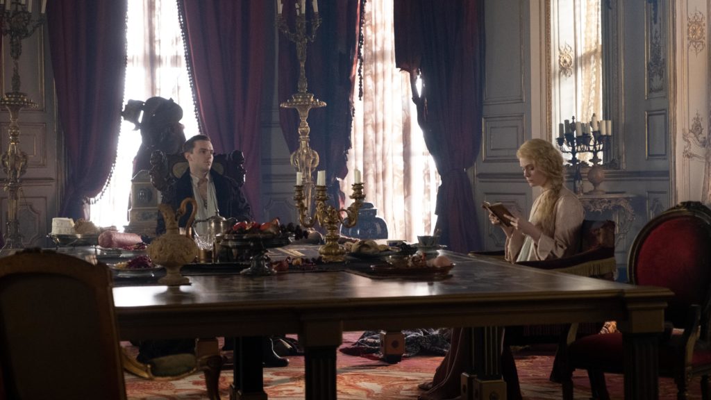 Huzzah? Emperor Peter of Russia (Nicholas Hoult) and a disillusioned Catherine of Prussia (Elle Fanning) enter into a not-great marriage in Hulu's The Great. Hulu