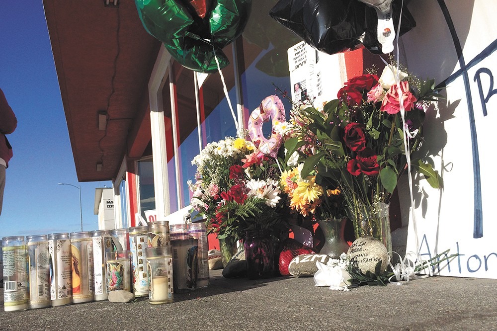 A memorial to Antonio Zambrano-Montes in February 2020 outside of Vinny's Bakery in Pasco marks the spot where he was shot and killed by Pasco police. CREDIT: Scott A. Leadingham