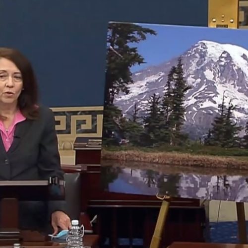 Washington Democratic Sen. Maria Cantwell helped push through the Great American Outdoors Act, speaking on the Senate floor with a picture of Mount Rainier on June 17, 2020. Screenshot / Courtesy of U.S. Senate