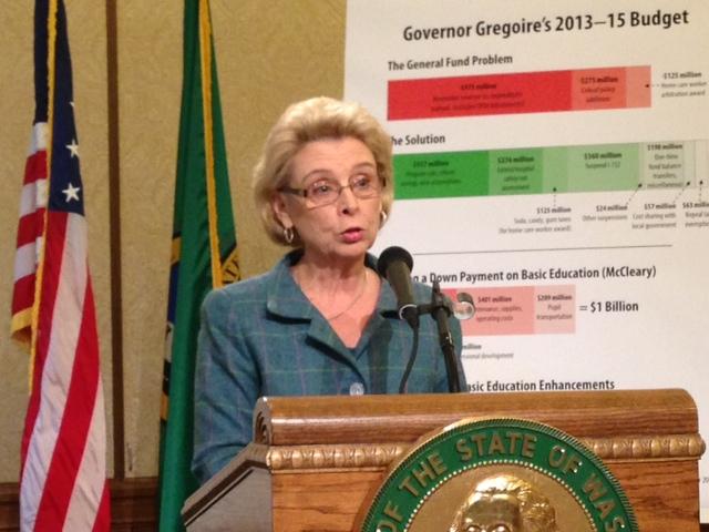 In this 2012 file photo, then Gov. Chris Gregoire talks about the state budget. During the Great Recession, Democrats largely addressed plummeting revenues through budget cuts instead of tax hikes. The response to the COVID-19 recession may be different. CREDIT: Austin Jenkins/N3