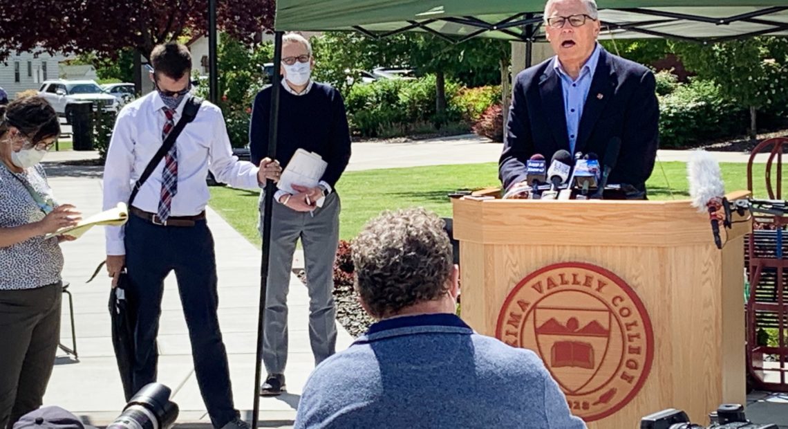 File photo. Gov. Jay Inslee visited Yakima, shown here on June 16, 2020, as the county's coronavirus numbers continued to grow at a rate that suggested it would be hard for it to move beyond Phase 1 of reopening. The Health District then issued a masking directive to encourage more use of face coverings. Courtesy of Governor's Office