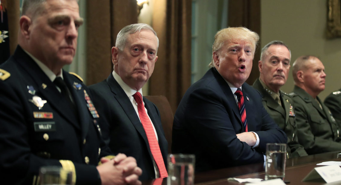 President Donald Trump in October 2018 with, from left, Army Chief of Staff Gen. Mark Milley, Defense Secretary Jim Mattis, Chairman of the Joint Chiefs of Staff Gen. Joseph Dunford and Marine Corps Commandant Gen. Robert Neller. Manuel Balce Ceneta/AP