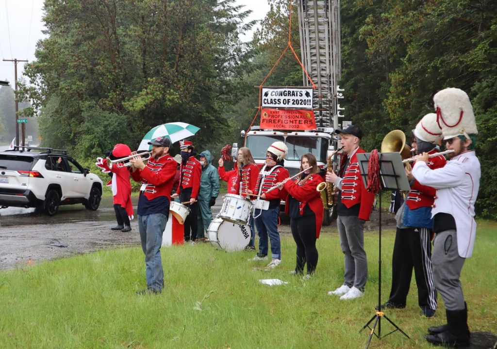 The Port Townsend High School pep band serenaded vehicles arriving at the local drive-in theater for the 2020 graduation ceremony.
