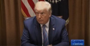 In this screenshot from C-SPAN, President Trump answers questions from reporters at a White House roundtable event on June 15, 2020. He used the occasion to criticize Washington state officials over the ongoing protest on Seattle's Capitol Hill.