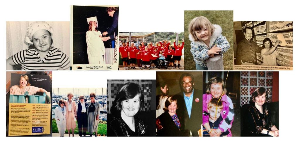 A montage of photos captures special moments in the life of Sharon Gowdey who had Down syndrome and died of COVID-19 in April. People with developmental disabilites appear to have a much higher risk of death from the virus. Courtesy of Kathleen Hesseltine