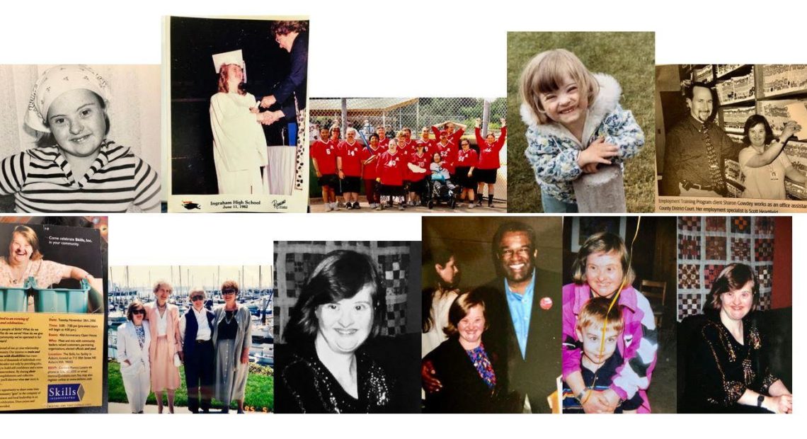 A montage of photos captures special moments in the life of Sharon Gowdey who had Down syndrome and died of COVID-19 in April. People with developmental disabilites appear to have a much higher risk of death from the virus. Courtesy of Kathleen Hesseltine