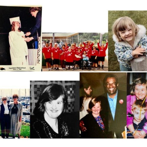 A montage of photos captures special moments in the life of Sharon Gowdey who had Down syndrome and died of COVID-19 in April. People with developmental disabilites appear to have a much higher risk of death from the virus. Courtesy of Kathleen Hesseltine