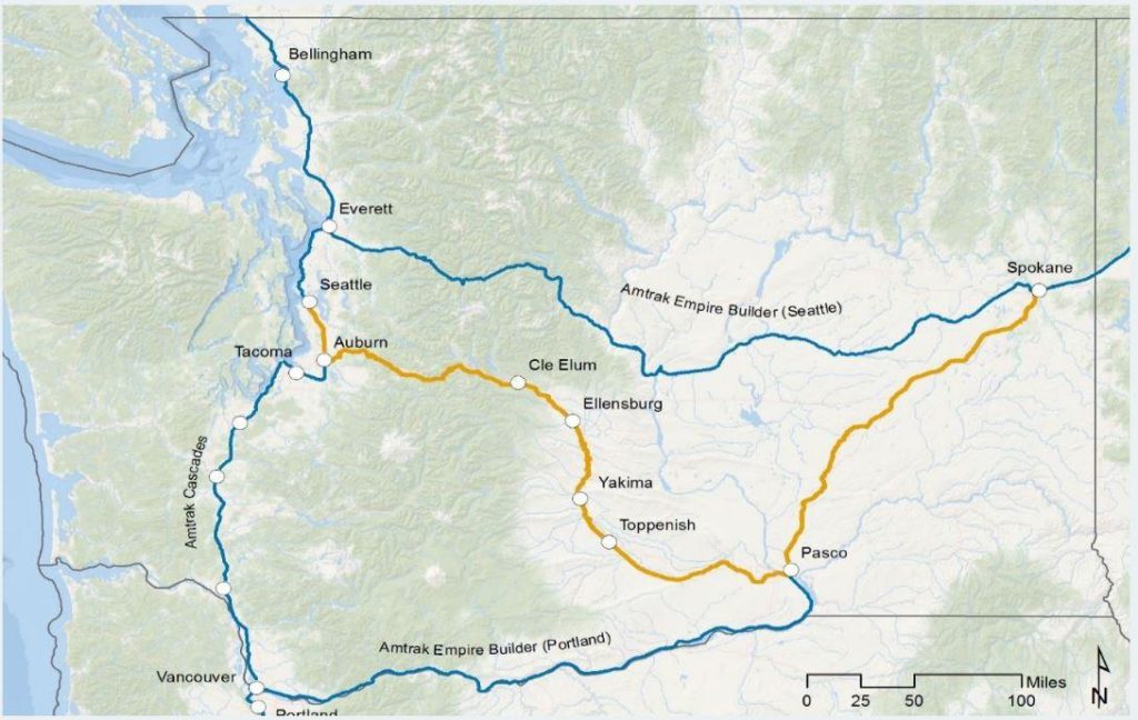 The rail corridor studied stretches from Seattle to Spokane with six intermediate stops including Ellensburg, Yakima and Pasco.